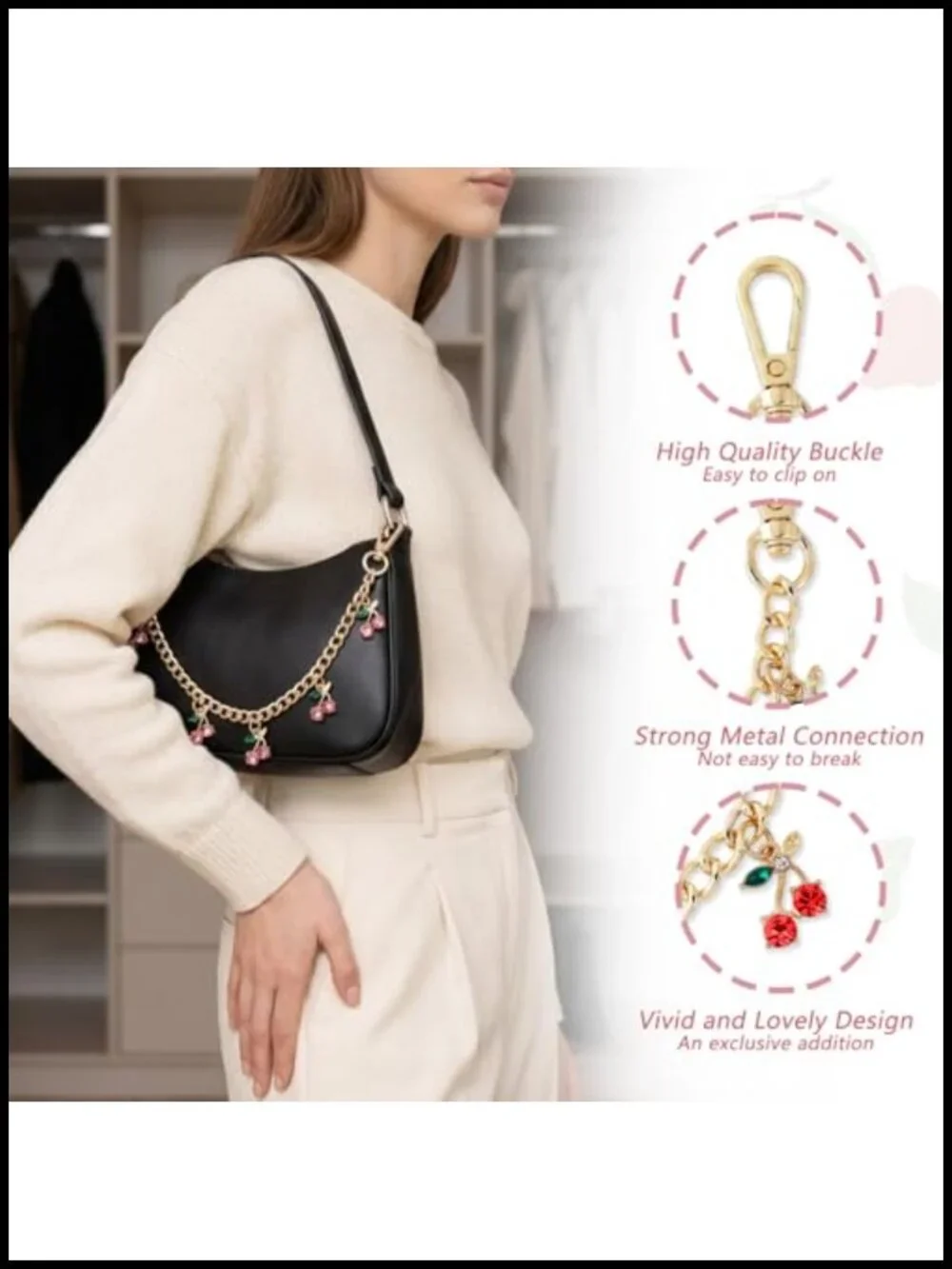 Gold Purse Charm Keychain with Red Cherry Accents for Handbags